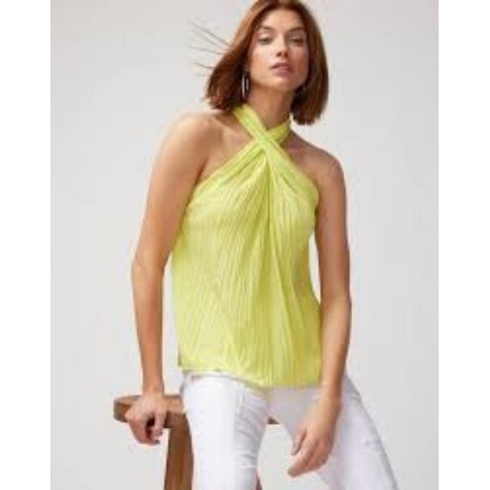 White House Black Market Neon Limelight Crinkle Halter Blouse Top 6 570346843